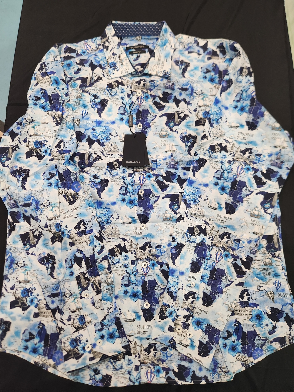 Bugatchi Blue Floral & Map Print Long-Sleeve Shirt